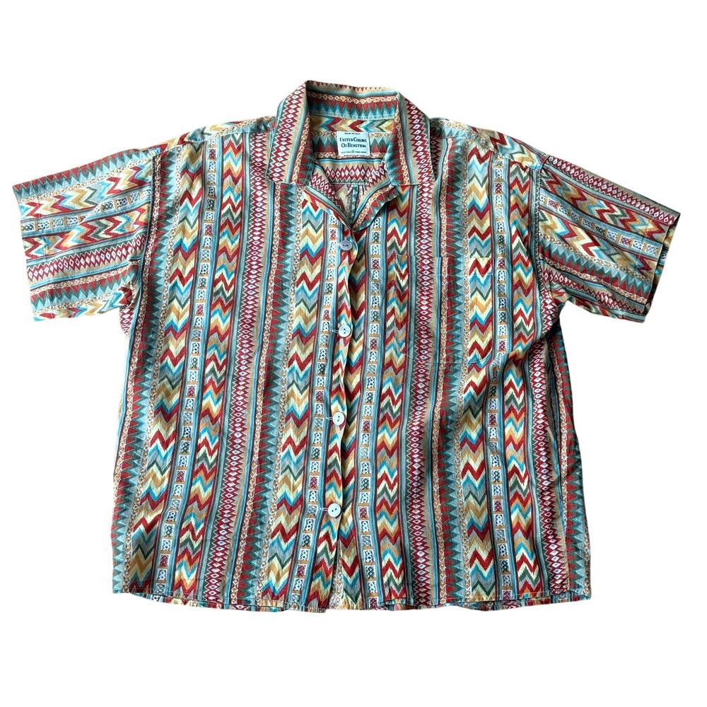 Vintage Benetton Women's Med Short Sleeve Shirt Rayon Southwest Native Print
